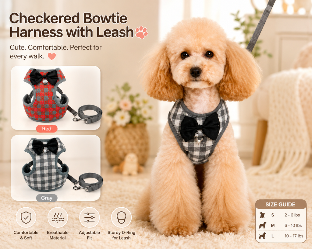 Dog Leash with Checkered Bowtie Harness for Pets
