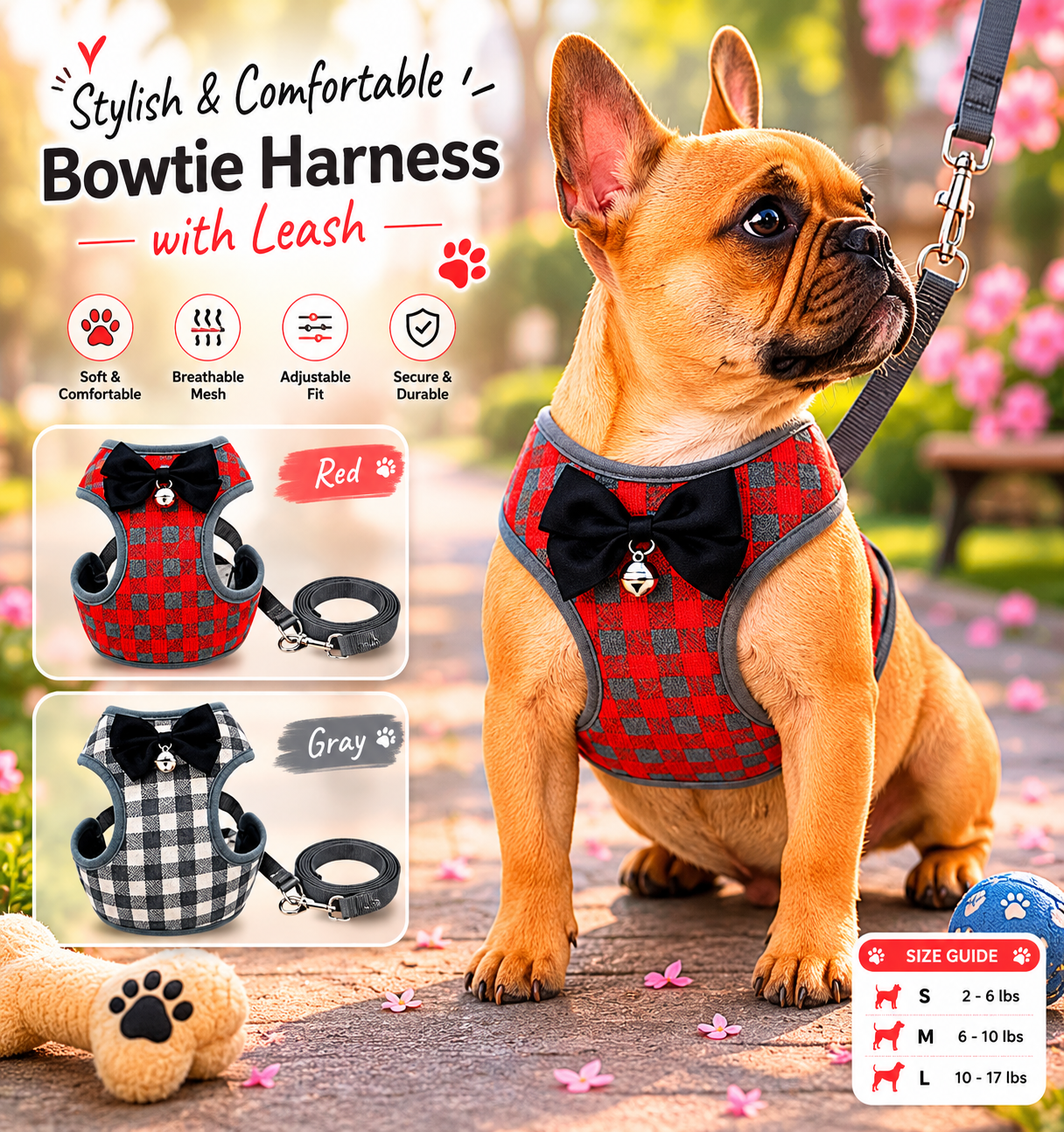 Dog Leash with Checkered Bowtie Harness for Pets